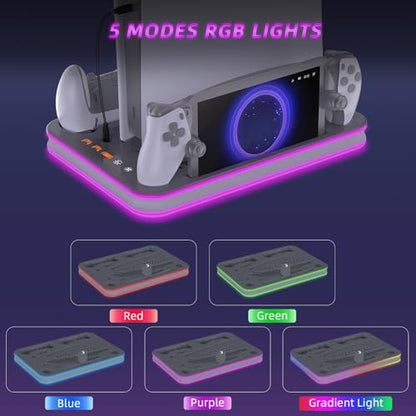 PS5 Pro Cooling Station, Portal Charger, Dual Controller Dock & RGB Lights | Magnetic Portal dock and dual controller chargers show status; set console USB power to Always for charging in rest mode - color: Gray