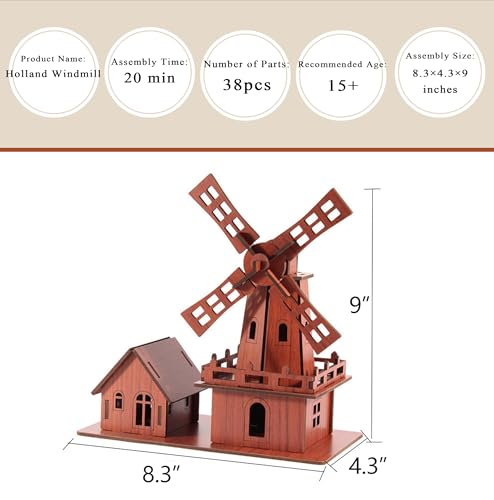 3D Puzzles for Adults, Log Cabin DIY Wooden House Model Kits for Adults to Build, Country Cottage Building Model, 3D Jigsaw Brain Teaser Puzzle, Dollhouse (Holland Windmill)