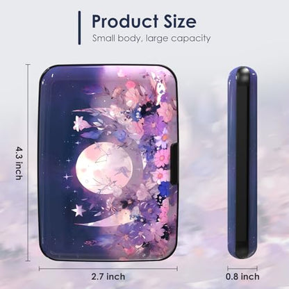 Mini Credit Card Holder for Women Men, RFID Blocking Slim Metal Card Case ID Case Business Travel Hard Wallet, Purple Flowers Moon - color: Purple Flowers Moon
