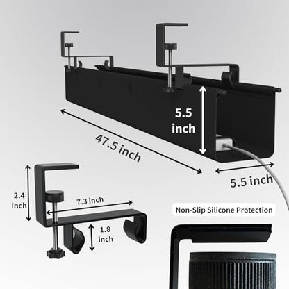 No Drill Under Desk Cable Management Tray, 47.5” Fabric Clamp Mount Cord Organizer for Table, Heavy Duty Wire Management for Office Home, Black - size: 48 inch