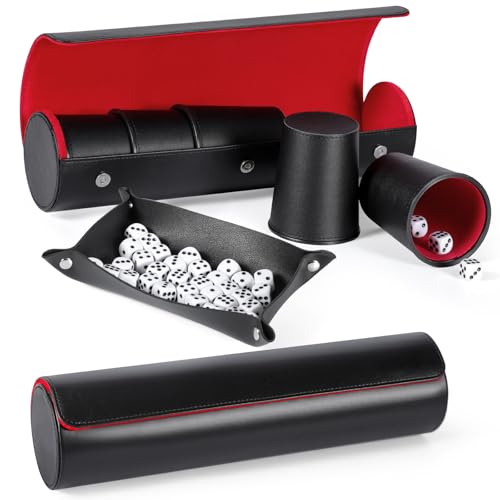 2 Set Leather Dice Cup Set, 10x Dice Cups + 50 Dice + Exclusive Storage and Transport Case Made of Faux (2 Pack Red) | PU leather dice set with 5 felt-lined cups, 25 dice and storage case for Liar’s Dice, craps, backgammon and party games - color: Black R