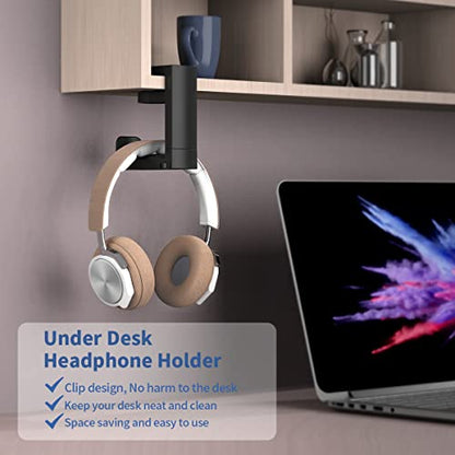 KIWIFOTOS PC Gaming Headphone Holder Under Desk Headset Hanger + 4 in 1 Headphone Stand with Mouse Bungee & RGB Light & USB Port