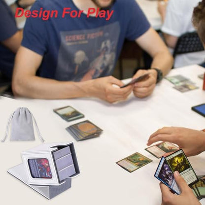 AFIING MTG Deck Box for Commander Display, Fits 100 Double Sleeved Cards, Magic Commander TCG Card Storage Box with 2 Dividers, Drawstring Bag and 1 Toploader (White/Grey) - color: Commander White Grey