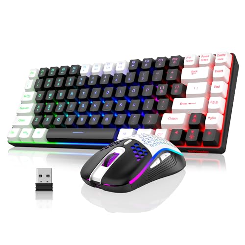 RedThunder K84 Wireless Keyboard and Mouse Combo, Rainbow Backlit Rechargeable Battery, 75% Layout TKL Ultra Compact Gaming Keyboard & Lightweight 3200 DPI Honeycomb Optical Mouse (Black-White) - color: Black White