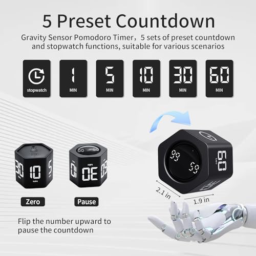 Productivity Timer Flip Gravity Sensor Cube Timer Countdown & Countup,Mute & Vibrate & Sound，5/10/30/60min & Custom Timing, Perfect for ADHD,Work,Learning,Kitchen Cooking (2, White +Black Hexagon) - color: White+black Hexagon