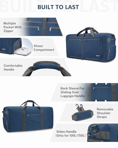 Gonex Large Foldable Travel Duffle Bag with Shoes Compartment, Packable Lightweight Water Repellent Duffel Bag for Camping Gym Weekender Bag - color: Dark Blue, size: 80L