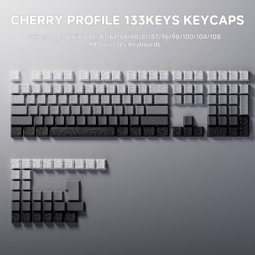FunHub Shine Through PBT Keycaps - Black Double Shot Side Printed Backlit Keycaps Set 133 Keys 60% 65% 75% 100% Cherry Profile,Gradient Topographic Custom Key Caps for MX Switch Gaming Keyboards - color: Black