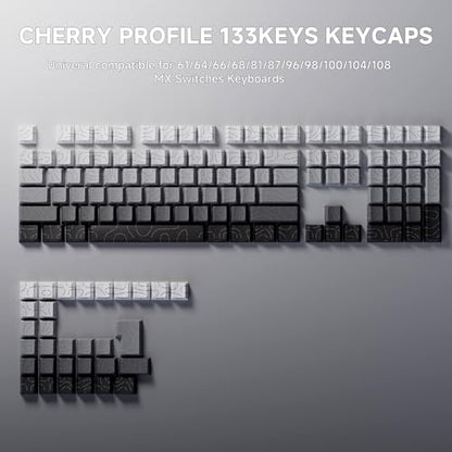 FunHub Shine Through PBT Keycaps - Black Double Shot Side Printed Backlit Keycaps Set 133 Keys 60% 65% 75% 100% Cherry Profile,Gradient Topographic Custom Key Caps for MX Switch Gaming Keyboards - color: Black