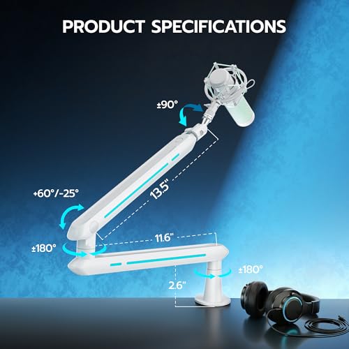 ARES WING Aluminum Low Profile Mic Arm with 4.4 lbs Load Capacity, Adjustable Microphone Boom Arm with 3/8” to 5/8” Screw Adapter, Desk Mount Mic Stand for Gaming Streaming Podcasting, White - color: White