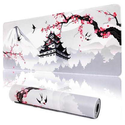 Japanese Cherry Blossom Gaming Mouse Pad 31.5x11.8in Pink Full Desk Japanese Sakura Gaming Mouse Pad Large Non-Slip Rubber Base Waterproof Big Keyboard Mat with Stitched Edges for Game Office - color: Japanese Cherry Blossom, size: 31.5" x 11.9"