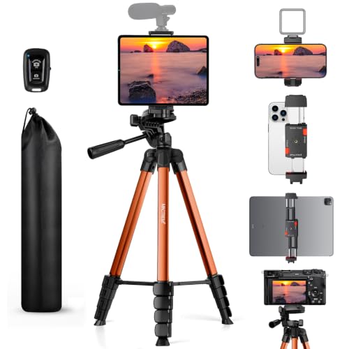 MACTREM 67" iPad Tripod Stand for Tablet Phone Camera with Remote Mount | 2-In-1 Holder Fits Ipad/Iphone Up To 12.9",Aluminum Extendable 17.7-67in,Remote, Video Recording/Vlogging,1/4" Screw Orange - color: Orange
