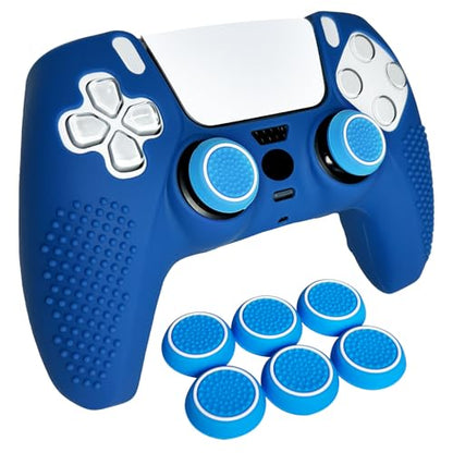 Anti-Slip Blue PS5 Controller Skin,Studded Edition Protective Silicone Cover Skin Grips Compatible with PS5/Slim/Pro Controller and 6 PCS Thumb Grips Caps. - color: Blue