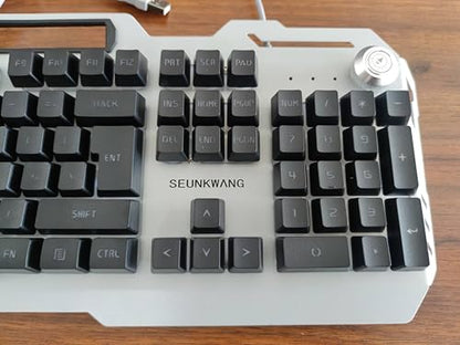 SEUNKWANG Wired Gaming Keyboard, 104 Keys Wired Gaming Keyboard with Mouse Pad, All-Metal Panel Quiet Computer Keyboard with Blue Backlit, Knob, Light Up Keyboard, Wired Keyboard for PC Gamers-Black