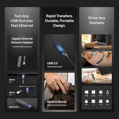 TP-Link 2-in-1 USB 3.0 & USB C to Ethernet Adapter, RJ45 Gigabit LAN, Plug & Play, Aluminum Case, Ethernet Adapter for Laptop, Thunderbolt 4/3 Compatible with Windows, Mac/iPad OS & More (UE310C) - style: USB C&A 2in 1