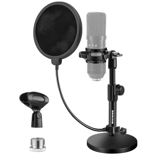 Versatile Desktop Microphone Stand, Mic Stand Kit for Desk | 1.5lbs Weighted Base, Height adjustable, With Pop Filter, Shock Mount, Mic Clip, 5/8" to 3/8" Adapter, For Recording & Studio - size: Round Base