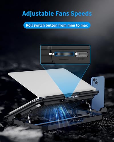 AICHESON Laptop Cooling Pad for 12-15.6 Inch, 6 Cooler Fans, Blue Lights | Laptop Cooling Stand with 2 USB Ports, Adjustable Heights Base
