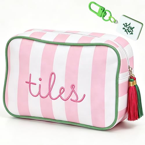 Mahjong Tile Bag, Thickened Canvas Zippered Mahjong Storage Pouch, Embroidered Portable Mahjong Carrying Bag for American Mahjong Tiles, Ideal for Game Night Travel Gatherings Board Game Accessories - color: Pink