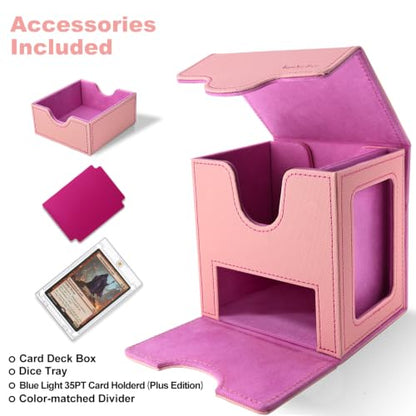 Commander Deck Box for MTG/PTCG/TCG - Patent Pending, Pink | Card Deck Box with Display Fits 100+ Double-Sleeved Cards, Magnetic Trading Card Box with Dice Tray & 35PT Card Holder - color: Pink