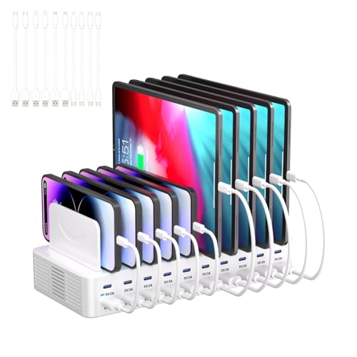270W Charging Station for Multiple Devices, 20-Port USB Fast Charging Station with Adjustable Dividers & 10 Cables, Multi Device Organizer Charging Dock for iPhone, iPad, Tablets & More(White) - color: White