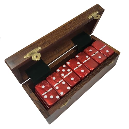Marion Domino Double Six Red Marbleized Jumbo Tournament Professional Size with Spinners in Dovetail Sheesham Wood Box - color: Red Marbleized
