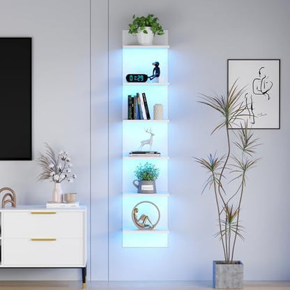 Qupui 6-Tier Wall Shelf with RGB LED, 57" Floating Storage, White | RGB 16 Million Colors, 22 Modes, 6 Brightness. Waterproof Particleboard. Each Tier Holds 10 Lbs. Wall-mounted. For Bedroom - color: White