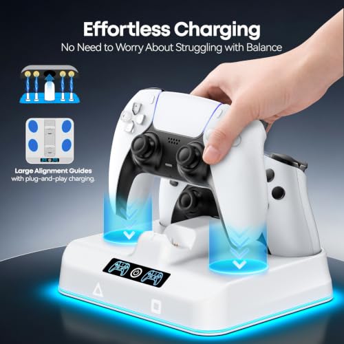 PS5 Controller Charger Station, Drop & Go Design Compatible with PlayStation 5 DualSense/Edge Remotes, Fast Charging Dock with 9 RGB Lights & LED Indicator, Charging Stand