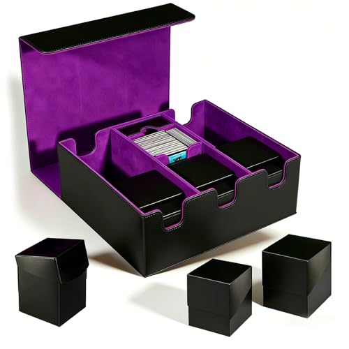 Trading Card Storage Box with 3 Detachable Deck Cases, Large TCG Card Collection Holder for 1800+ Cards, Water-Resistant PU Leather Deck Storage Case for Sleeved Card (Black Purple) - color: ART - 3200 Windows Black Purple