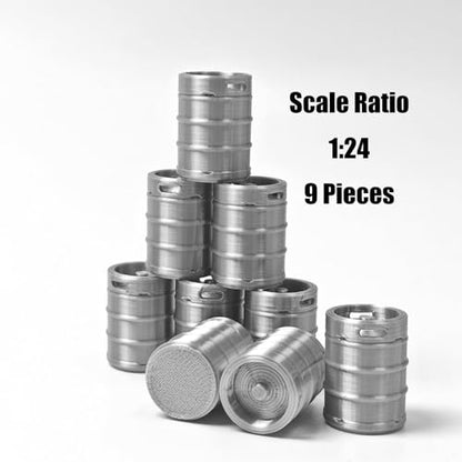 1:24 Scale Barrel Props, 9-Piece Model Scenery for Adults | 9-piece gray industrial keg set, detailed 3D print. Model scenery accessory, tabletop terrain & diorama craft for adults. - size: 1:24