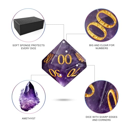Natural Amethyst 7Pcs Polyhedral Dice Set, Natural Gemstone Multi-Faceted DND Dice for Dungeons and Dragons RPG Tabletop Game (Amethyst-Gold) - color: Amethyst-gold