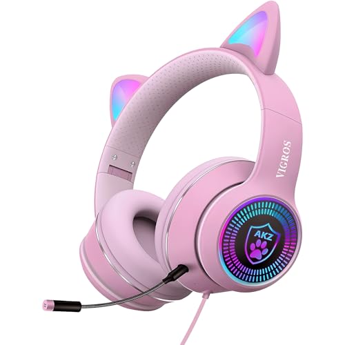 Cat Ear Gaming Headphones Wired AUX 3.5mm with LED Light, VIGROS Flashing Stereo Game Headphones Surround Sound Over-Ear Headsets with Microphone Fit Kids & Adult for PC, PS4, Switch, Mobile, Laptop - color: Pink
