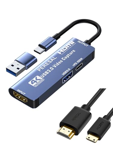 USB 3.0 Video Capture Card with 12IN Mini HDMI Cable PD 100W and USB3.0 Port, Streaming Game Recording 4K, 60FPS, HDMI to USB-A/USB-C Capture Card for Quest 3, Switch, PS5/4, Camera, Tablet PC