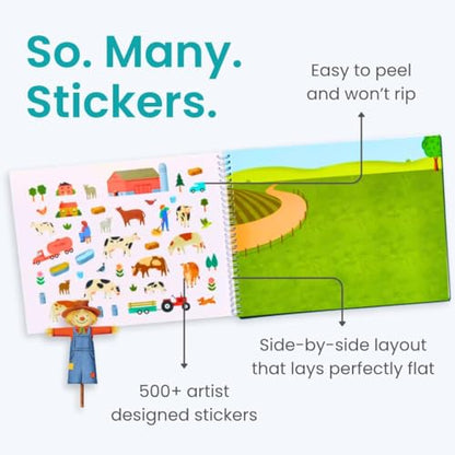 Farm Animal 500+ Kids Sticker Book by Cupkin Toddler Airplane Travel Activity Coloring and Sticker Book, Road Trip Essentials, 12 Coloring Pages 12 Scenes for Ages 2–8 Years - color: Down at the Farm