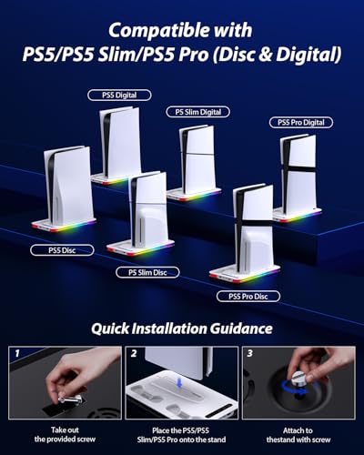 PS5 Cooling Station for PS5/Slim/Pro,PS5 Fan Cooling Fan with 8 RGB Light P5 Cooling Stand with 3 Level Fan Vertical Controller Charger Station with Dual Controller Chargers Dics Storage 4 HUB