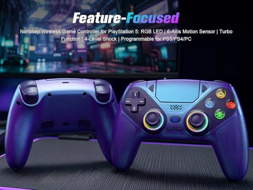 Xexvyrin LED Wireless Controller for PS5, Compatible with PS5 Pro/Slim/PC, Dual Vibration, Macro/Turbo Function, 3.5mm Audio Jack,1000mAh Battery, 6-Axis Motion Control Gamepad with Speaker（Black） (Dazzling Blue) - color: Dazzling Blue