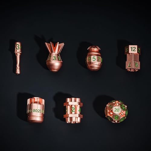 UDIXI RPG Metal Dice Set D&D, 7-Pieces Polyhedral Metal DND Dice Set Copper | Bomb Shape, Green Numbers, Solid Metal, Cool Design, Leather Pouch Packaging, for Dungeons and Dragons Role Playing Games - color: Copper Green