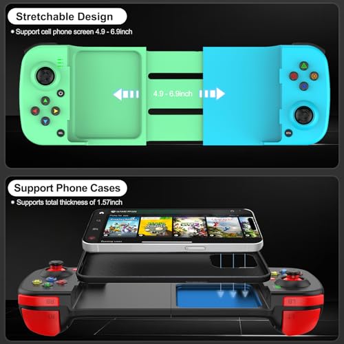 arVin Wireless Gaming Controller for iPhone Android Gamepad Joystick for iPhone 15/14/13, iOS, iPad, MacBook, Samsung Galaxy S23/22/21, TCL, One Plus, Tablet, PC, Call of Duty Mobile, Genshin, Diablo - color: Green&Blue