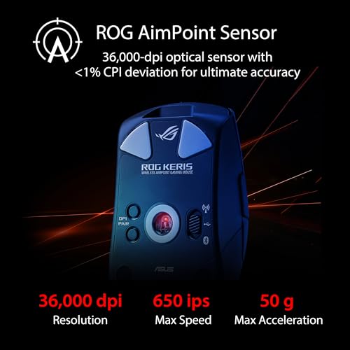 ASUS ROG Keris Wireless Aimpoint Gaming Mouse – Right-Handed Ergonomic, 75g, Tri-Mode Connectivity, 42K DPI, up to 119Hr Battery, PC/Mac Support - Black - color: Black, style: Keris