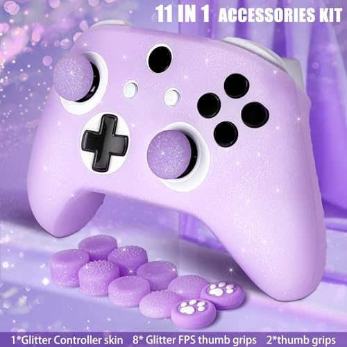 Purple Glitter Anti-Slip Protective Silicone Cover Skin Grips Compatible with Xbox one s/x Controller,8 PCS Glitter Thumb Grips Caps and 2 Grips Caps. - color: Glitter Purple