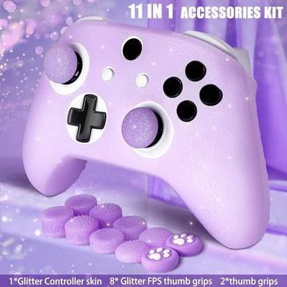 Purple Glitter Anti-Slip Protective Silicone Cover Skin Grips Compatible with Xbox one s/x Controller,8 PCS Glitter Thumb Grips Caps and 2 Grips Caps. - color: Glitter Purple