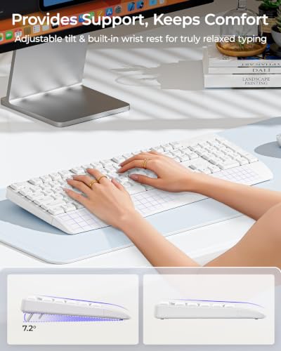 seenda COE200 Wireless Bluetooth Keyboard and Mouse Combo with Wrist Rest | USB/Bluetooth multi-device switching, quiet keys & clicks, full-size ergonomic set for PC, laptop, Mac, MacBook, White - color: White