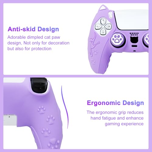 Purple Cat Ear PS5 Controller Cover - Cute Silicone Skin with Cat & Paw Prints + 2 Matching Lavender Cat Paw Thumbstick Caps | Kawaii Grip for PlayStation 5 - color: Lavender Purple