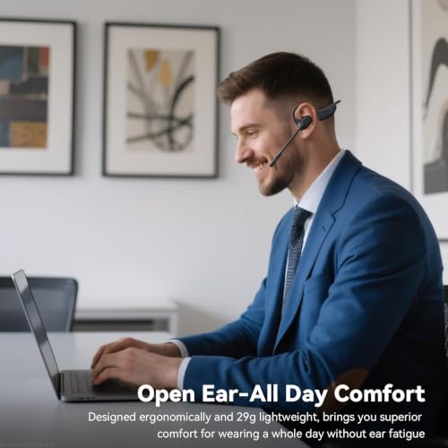 LEVN Open Ear Headphones with Mic, 29g Bluetooth Headset with Microphone, Bluetooth Headphones with Noise Cancelling Mic, Waterproof Non-slip Wireless Headset with Mic for Work, Workout, Driving, Call