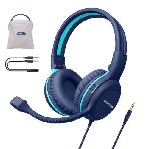 SIMOLIO Wired Headphones for School with Microphone, Stereo Kids Headphone with Flexible Swivel Boom Mic for Student K12 & Teacher & E-Learning, 3 Levels Volume Limiter Gaming Headsets for Boys, Girls