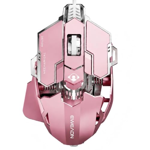 EWEADN G5 Wired Gaming Mouse with Adjustable Tail, 12800 DPI Programmable Computer Mouse with RGB Backlit, 9 Macro Buttons, Rapid Fire Key & Aluminum Base Ergonomic PC Mice for Laptop, PC-Pink - color: Pink