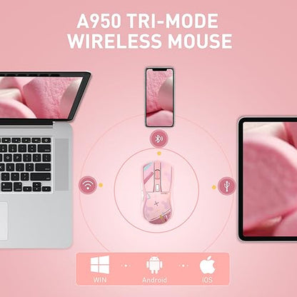 DAREU A950 Wireless Gaming Mouse with RGB Charging Dock,88g Lightweight Programmable Tri-Mode Wireless Mouse Gaming, Up to 12K DPI,1000Hz,120Hrs Playtime with RGB Backlit, Great for PC, Mac - color: Pink