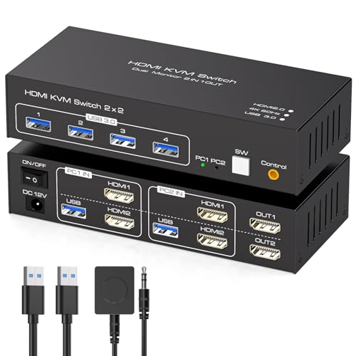 HDMI KVM Switch 2 Monitors 2 Computers Support 4K@60Hz USB 3.0 KVM Switches Share Dual Monitors and 4 USB 3.0 Ports Support Extended/Copy Mode with DC 12V Adapter&Wired Controller - color: White-2