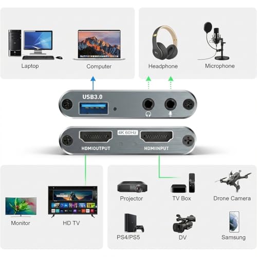 4K HDMI Video Capture Card,USB 3.0 Capture Card for Streaming & Gaming,1080P 60FPS Video Captures Device - Plug and Play(Grey) - color: grey