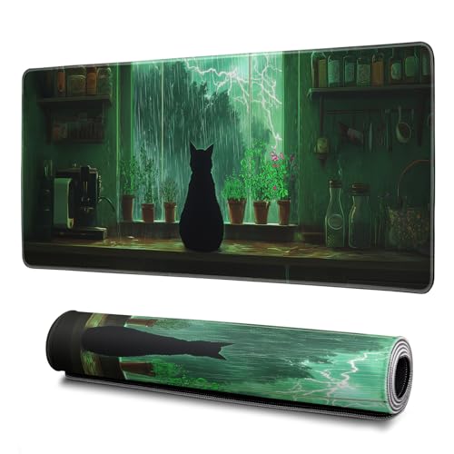 Green Black Cat Mouse Pad Abstract Big Mouse Pad 31.5x11.8 Inch Cat Texture Non-Slip Rubber Base Large Mousepad Stitched Edges Keyboard Mouse Mat Desk Pad for Office and Home - color: Green Black Cat