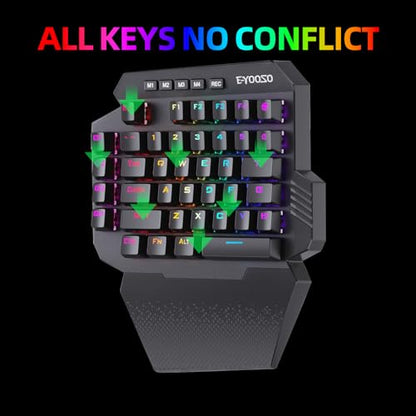 HUO JI Wireless One Handed Mechanical Gaming Keyboard, Red Switch | 6 Onboard Macro Keys, 2.4Ghz and USB-C Wired Dual Mode, RGB Led Backlit, Wrist Rest, Durable Battery