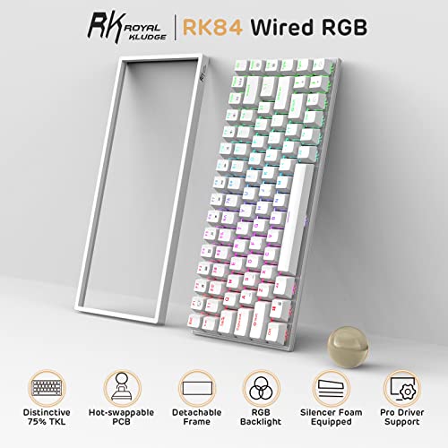 RK ROYAL KLUDGE RK84 Wired RGB 75% Hot Swappable Mechanical Keyboard, 84 Keys Tenkeyless TKL Gaming Keyboard w/Programmable Software, RK Red Switch - color: White, size: Hot Swappable Red Switch